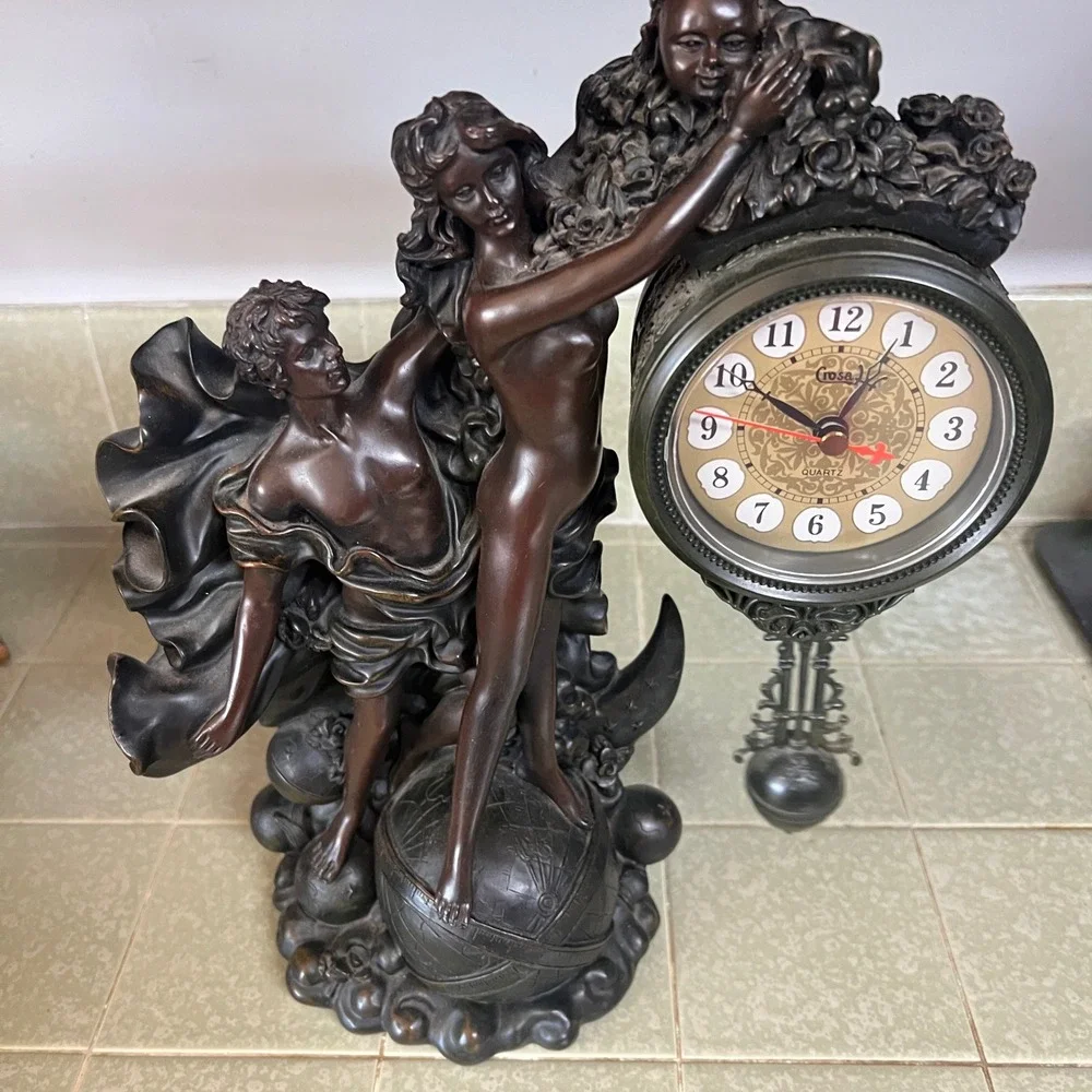 Crosa Quartz Celestial Figural Pendulum Clock Bronze Finish Man Woman Globe